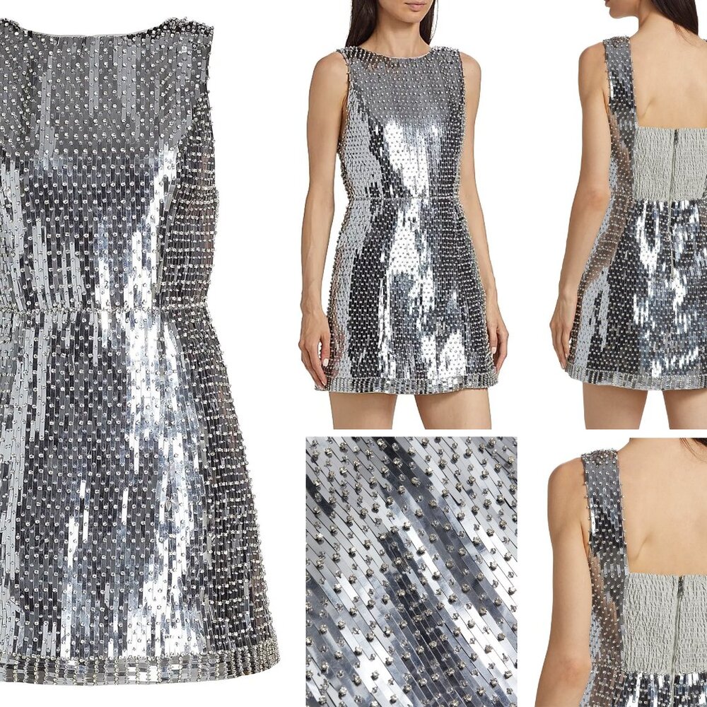 ALICE + OLIVIA LINDSEY SILVER METALLIC MINI DRESS RHINESTONES $1995 SZ 2 NWT
